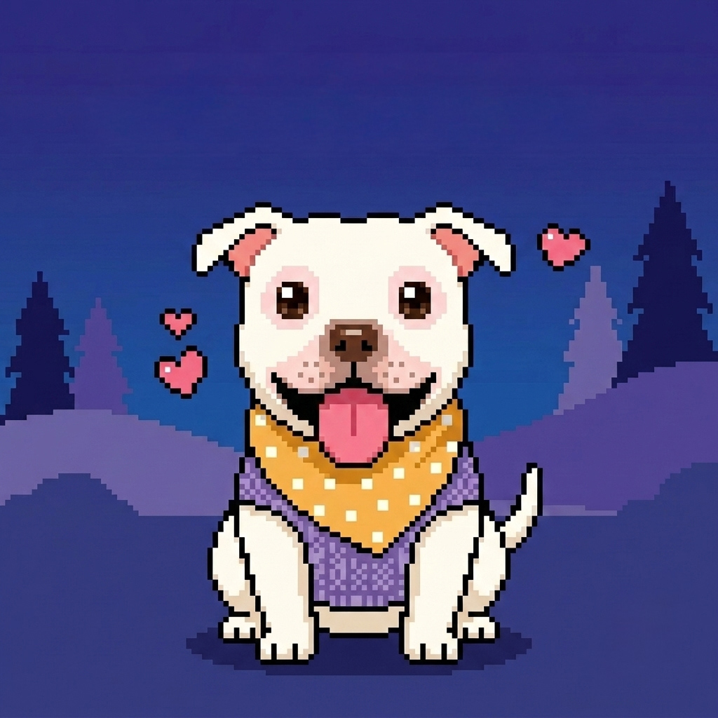 Yogui, pitbull blanco en estilo pixel art con paliacate amarillo
